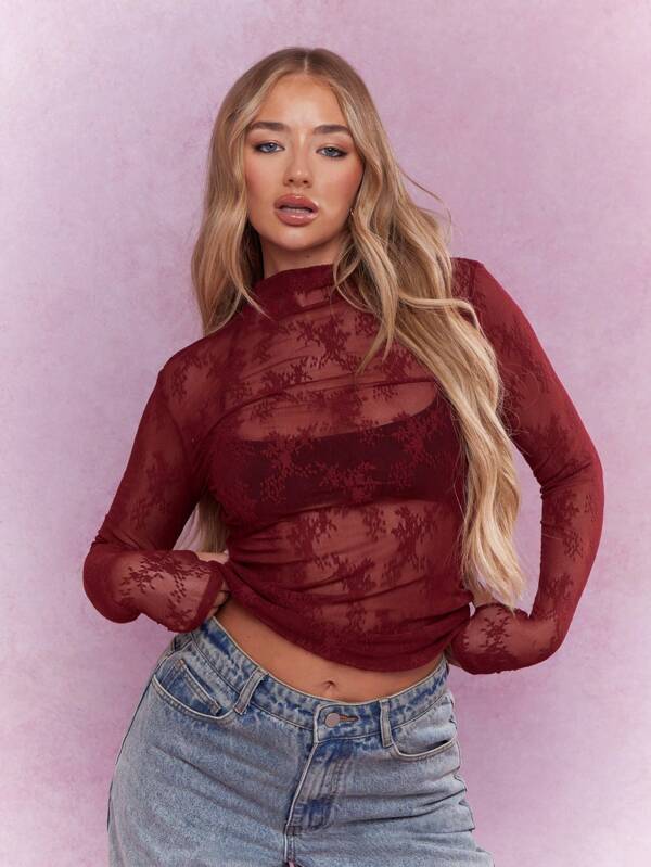 MISSGUIDED Music Festival Sheer Lace Polo Neck Long Sleeves Top
