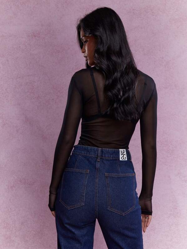 MISSGUIDED Music Festival Sheer Long Sleeve Thumb Hole Fitted Top