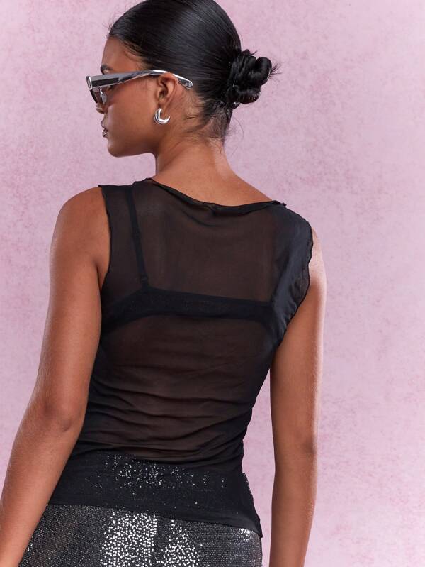 MISSGUIDED Music Festival Sheer Mesh Cowl Neck Sleeveless Top
