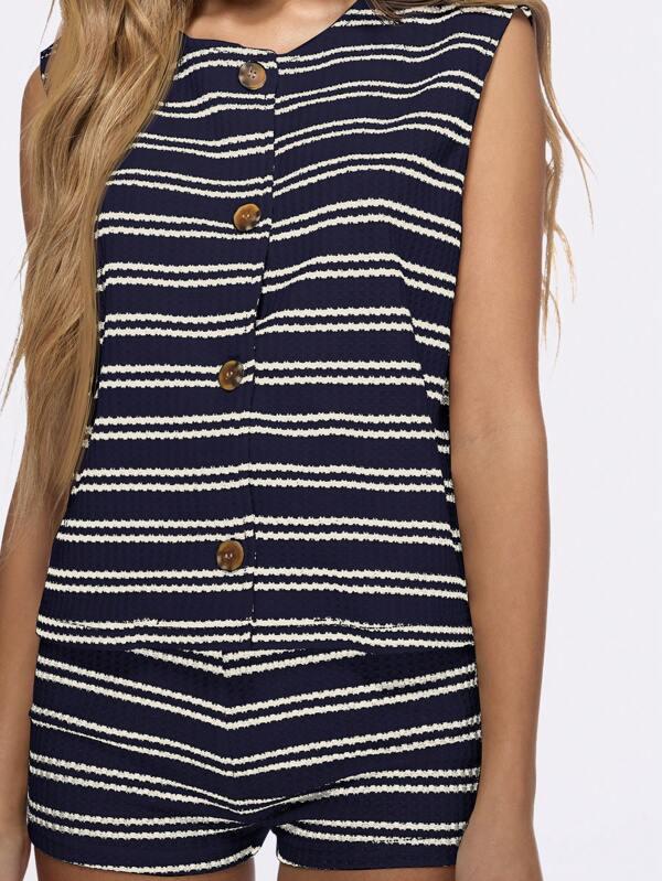 MISSGUIDED Nautical Striped Button Down Sleeveless Top Shorts Two Piece Set