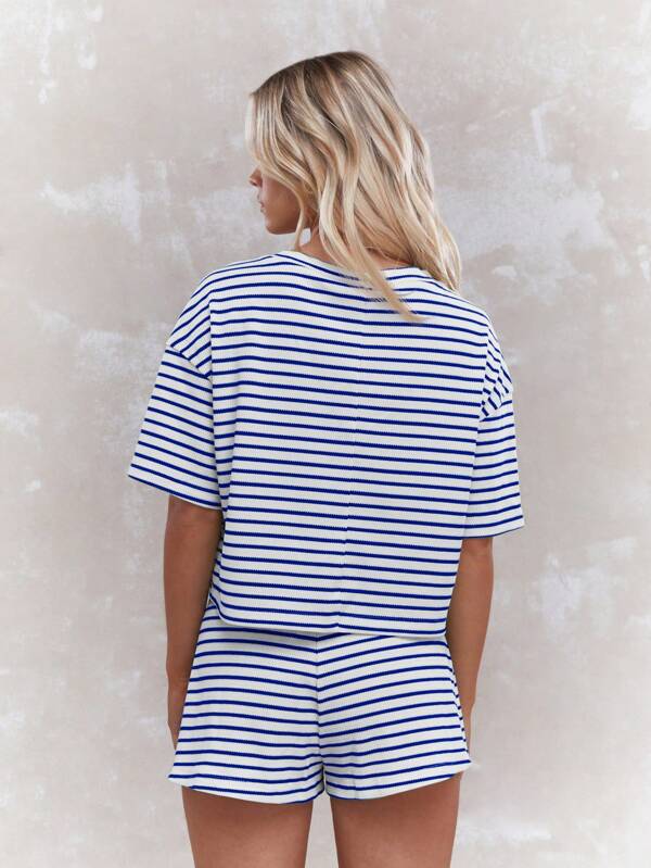 MISSGUIDED Nautical Striped Two Piece T Shirt Mini Shorts Set