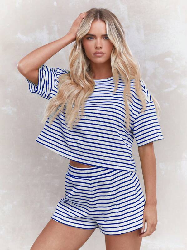 MISSGUIDED Nautical Striped Two Piece T Shirt Mini Shorts Set