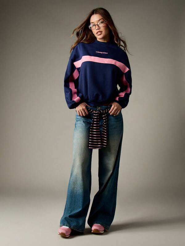 MISSGUIDED Navy Color Block Oversized Crewneck Sweatshirt With Pink Stripes