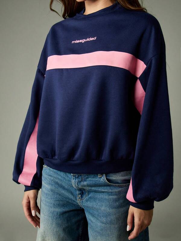 MISSGUIDED Navy Color Block Oversized Crewneck Sweatshirt With Pink Stripes
