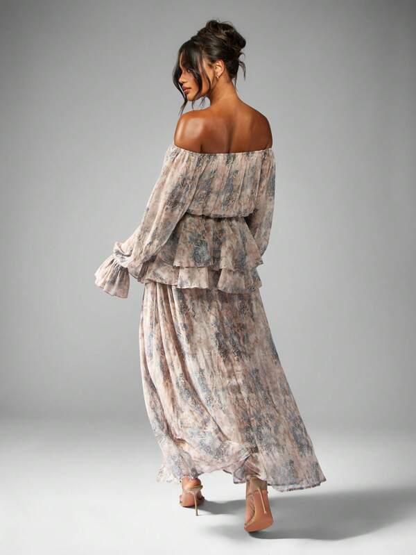 MISSGUIDED Off Shoulder Balloon Sleeve Flowy Chiffon Maxi Dress With Side Slit