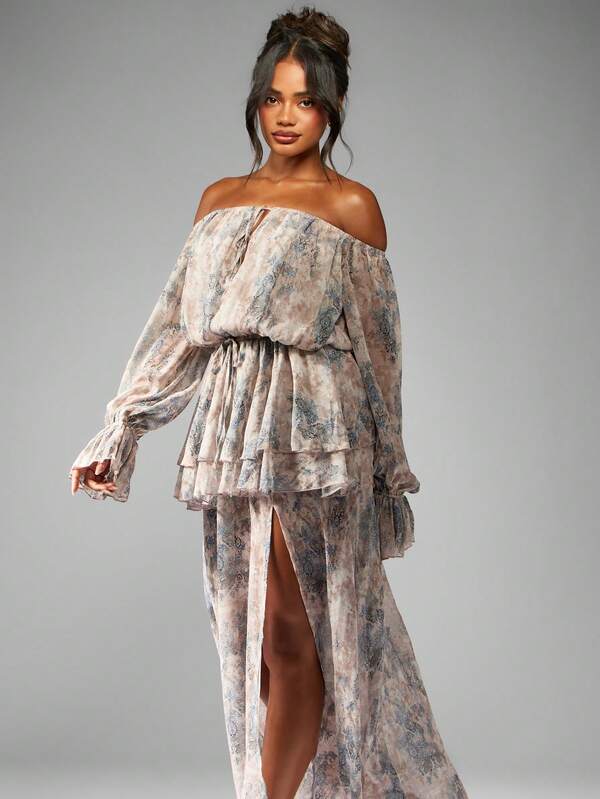 MISSGUIDED Off Shoulder Balloon Sleeve Flowy Chiffon Maxi Dress With Side Slit