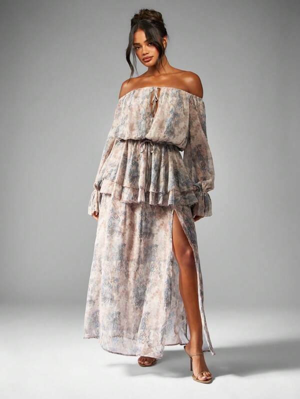 MISSGUIDED Off Shoulder Balloon Sleeve Flowy Chiffon Maxi Dress With Side Slit