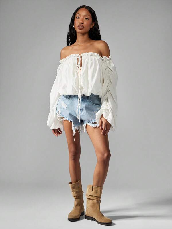 MISSGUIDED Off Shoulder Balloon Sleeve Peasant Blouse