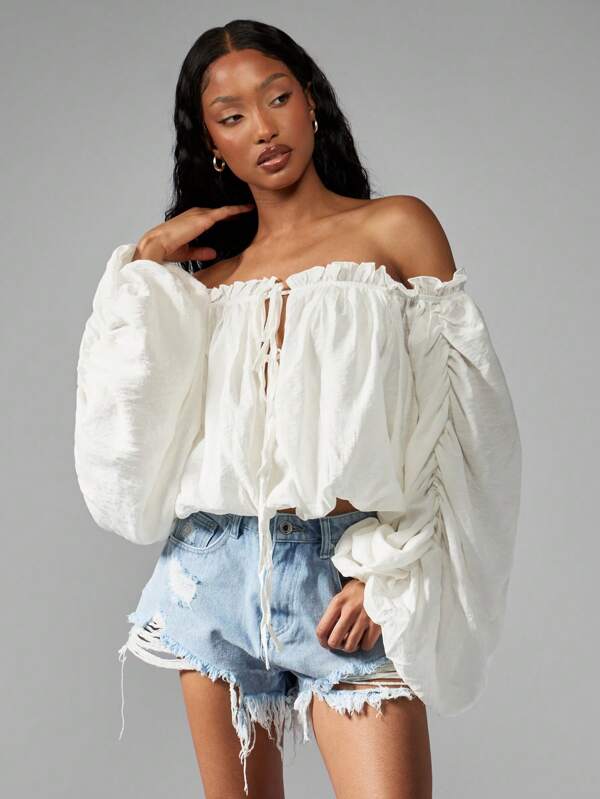 MISSGUIDED Off Shoulder Balloon Sleeve Peasant Blouse