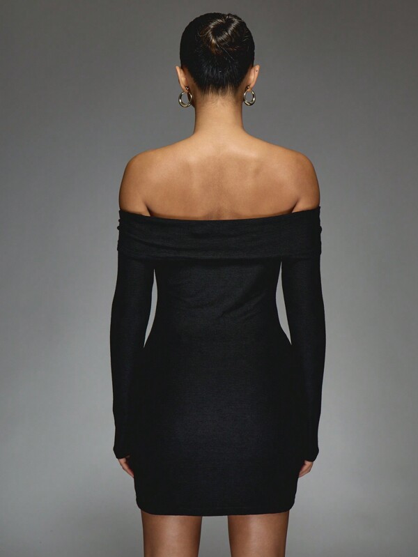 MISSGUIDED Off Shoulder Bardot Long Sleeve Trim Detail Slim Fit Boducon Short Dress