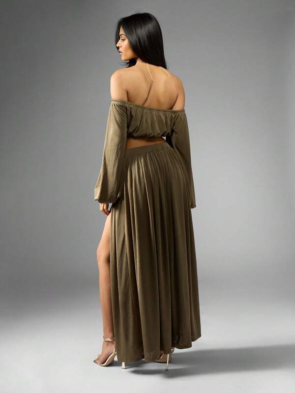 MISSGUIDED Off Shoulder Blouson Sleeve Crop Top And Maxi Skirt Set