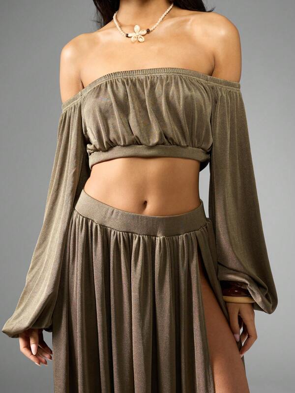 MISSGUIDED Off Shoulder Blouson Sleeve Crop Top And Maxi Skirt Set