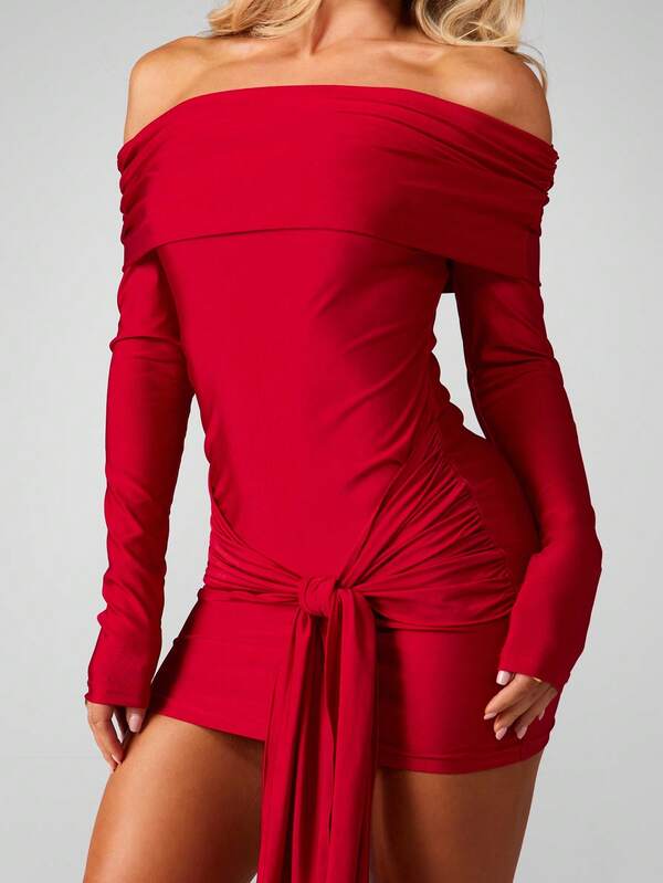 MISSGUIDED Off Shoulder Bodycon Mini Dress With Tie Detail