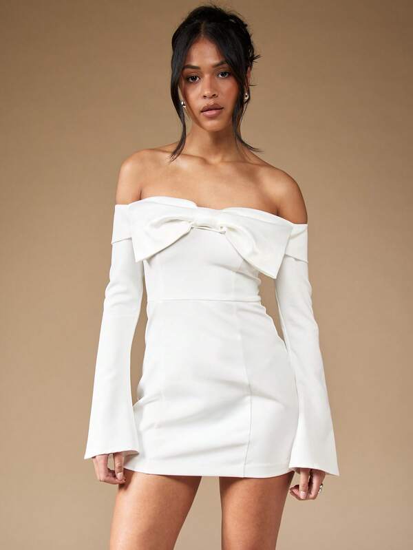 MISSGUIDED Off Shoulder Bow Front Long Bell Sleeve Bodycon Mini Dress