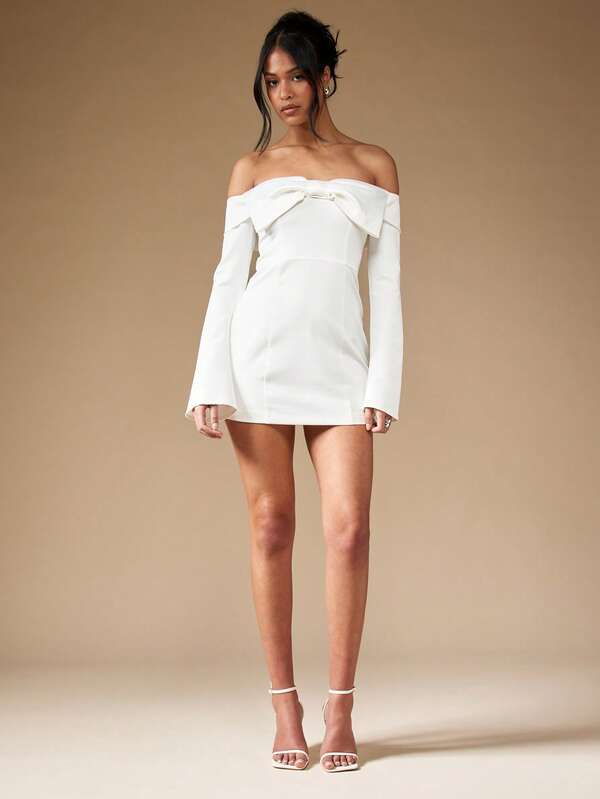 MISSGUIDED Off Shoulder Bow Front Long Bell Sleeve Bodycon Mini Dress