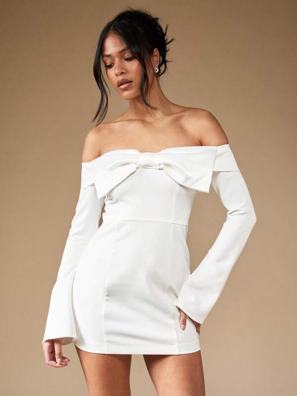 MISSGUIDED Off Shoulder Bow Front Long Bell Sleeve Bodycon Mini Dress