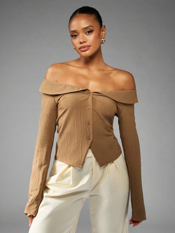 MISSGUIDED Off Shoulder Button Front Fitted Blouse With Collar