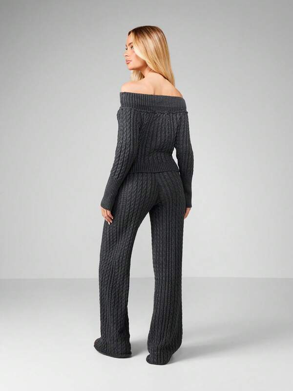 MISSGUIDED Off Shoulder Cable Knit Co-Ord Set With Wide Leg Pants