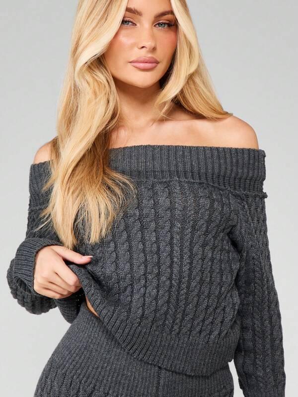 MISSGUIDED Off Shoulder Cable Knit Co-Ord Set With Wide Leg Pants