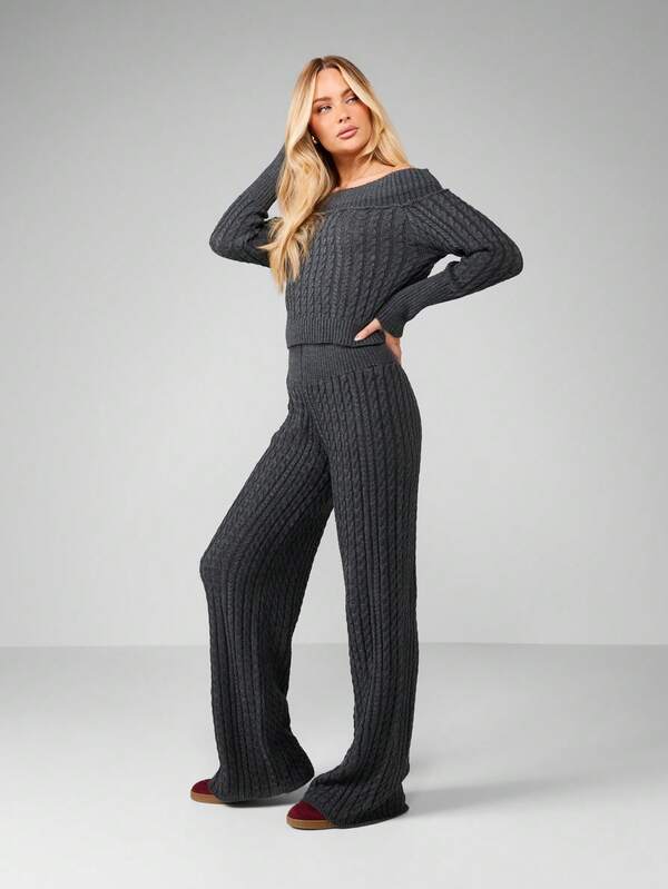 MISSGUIDED Off Shoulder Cable Knit Co-Ord Set With Wide Leg Pants