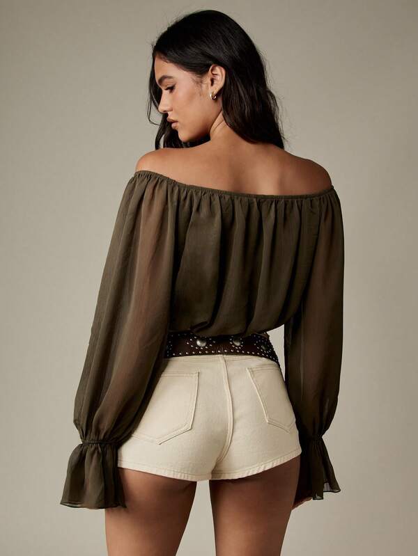MISSGUIDED Off Shoulder Chiffon Blouse With Puff Sleeves
