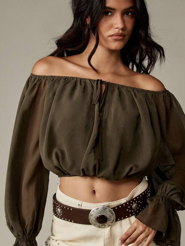 MISSGUIDED Off Shoulder Chiffon Blouse With Puff Sleeves