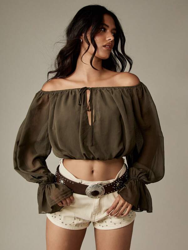 MISSGUIDED Off Shoulder Chiffon Blouse With Puff Sleeves