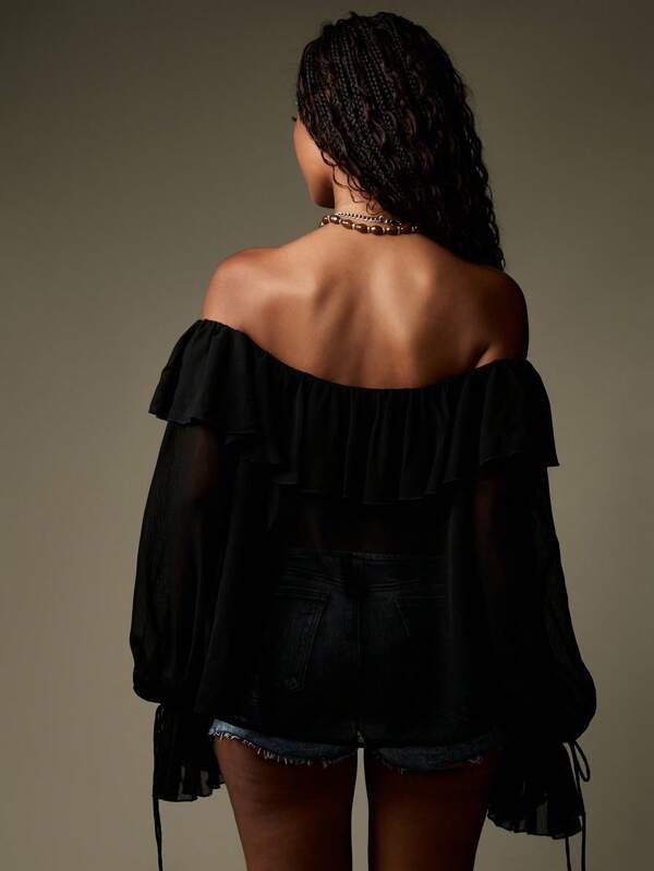 MISSGUIDED Off Shoulder Chiffon Lace Up Corset Style Blouse