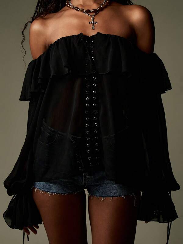 MISSGUIDED Off Shoulder Chiffon Lace Up Corset Style Blouse