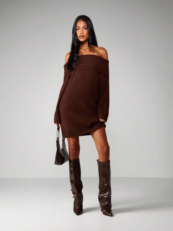 MISSGUIDED Off Shoulder Chunky Knit Mini Dress