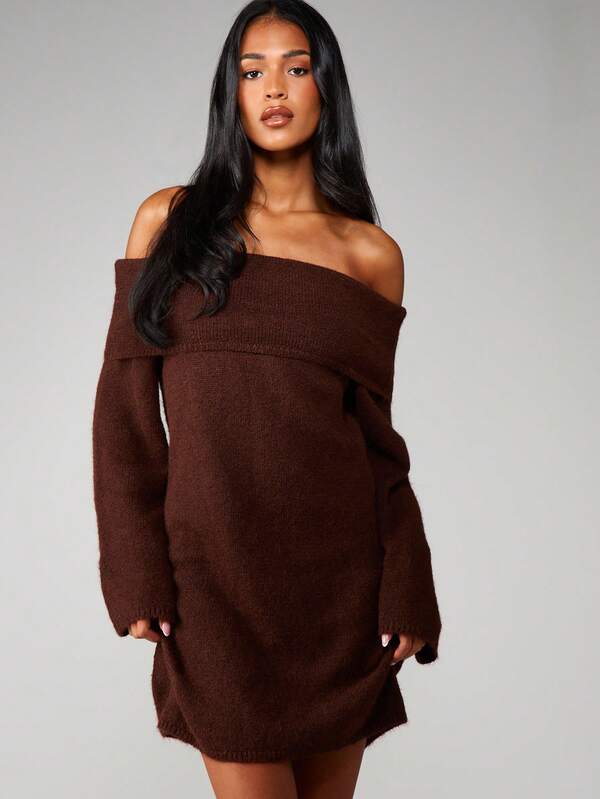 MISSGUIDED Off Shoulder Chunky Knit Mini Dress
