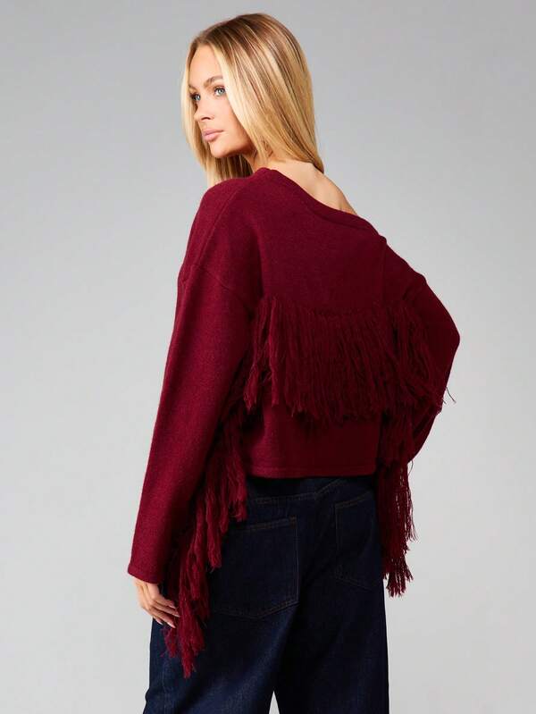 MISSGUIDED Off Shoulder Chunky Knit Sweater With Fringe