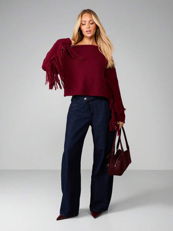 MISSGUIDED Off Shoulder Chunky Knit Sweater With Fringe