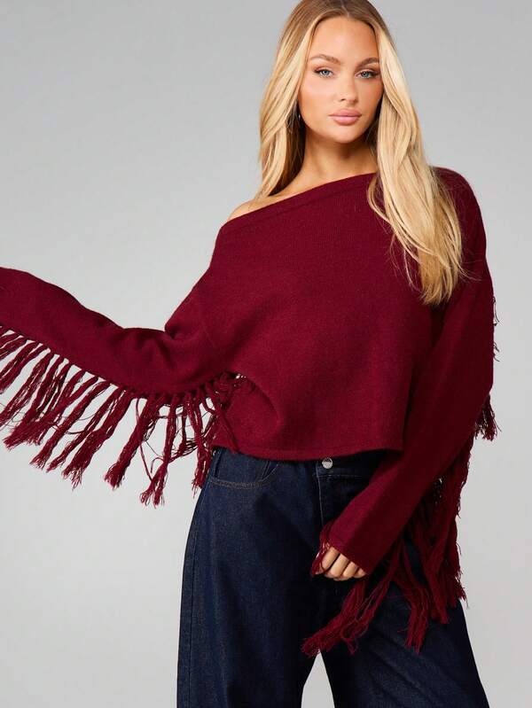 MISSGUIDED Off Shoulder Chunky Knit Sweater With Fringe