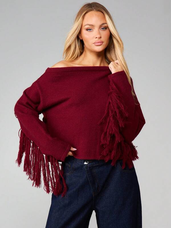 MISSGUIDED Off Shoulder Chunky Knit Sweater With Fringe