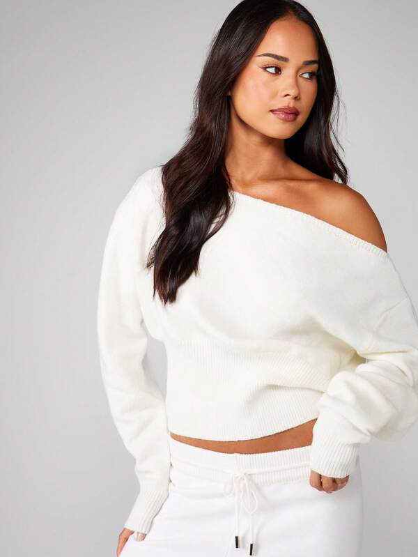 MISSGUIDED Off Shoulder Chunky Knit Sweater With Ribbed Details