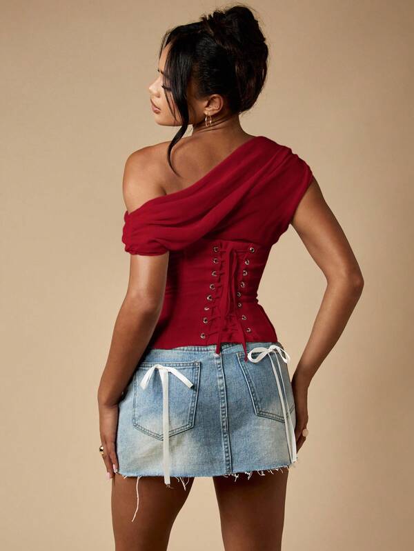 MISSGUIDED Off Shoulder Corset Top With Lace Up Back