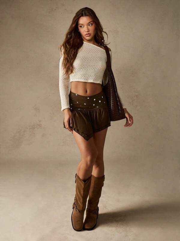 MISSGUIDED Off Shoulder Crochet Knit Crop Top With Long Sleeves
