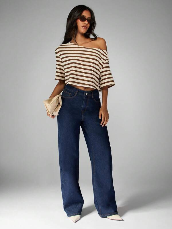 MISSGUIDED Off Shoulder Cropped Knit Top With Stripe Pattern