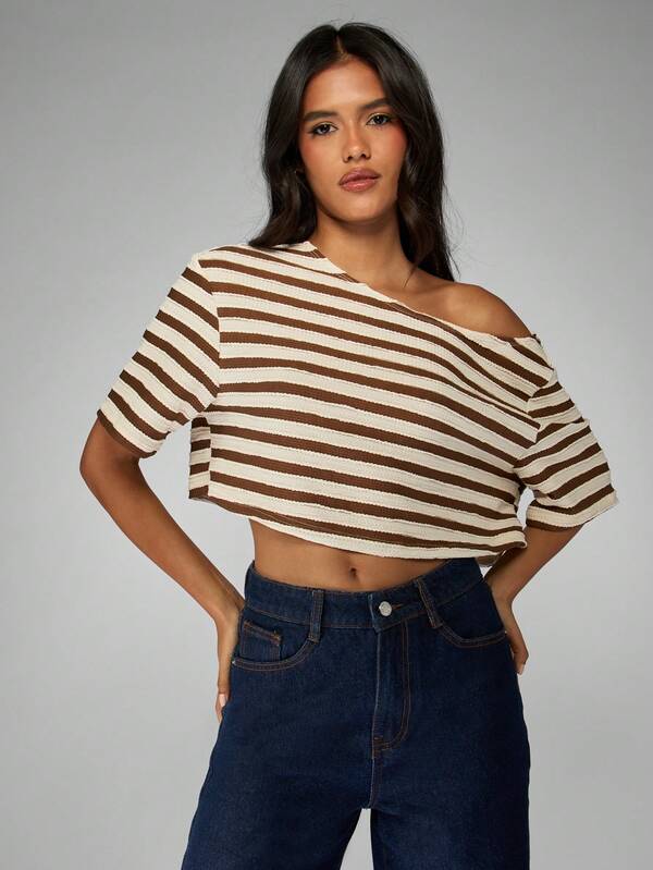 MISSGUIDED Off Shoulder Cropped Knit Top With Stripe Pattern