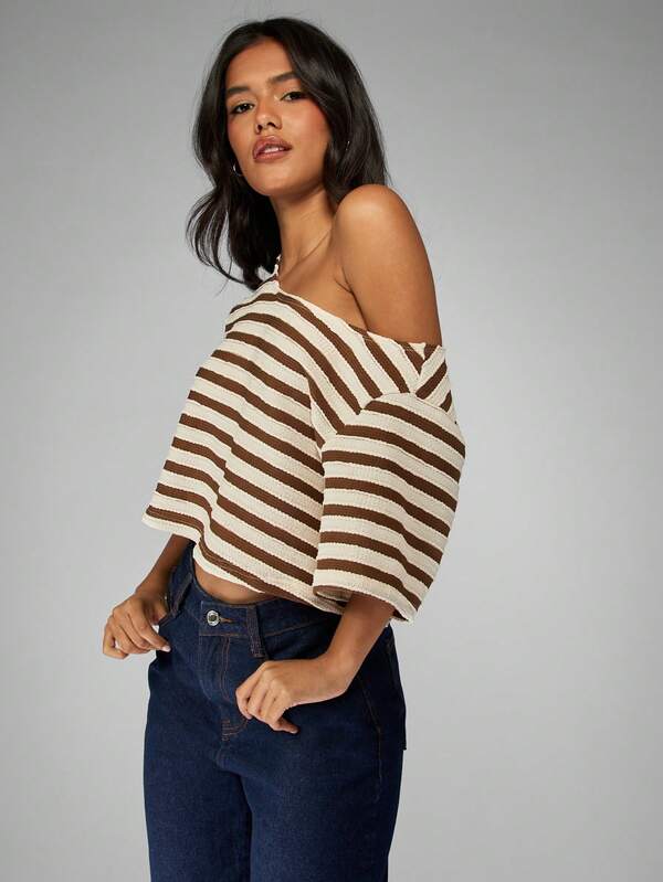 MISSGUIDED Off Shoulder Cropped Knit Top With Stripe Pattern