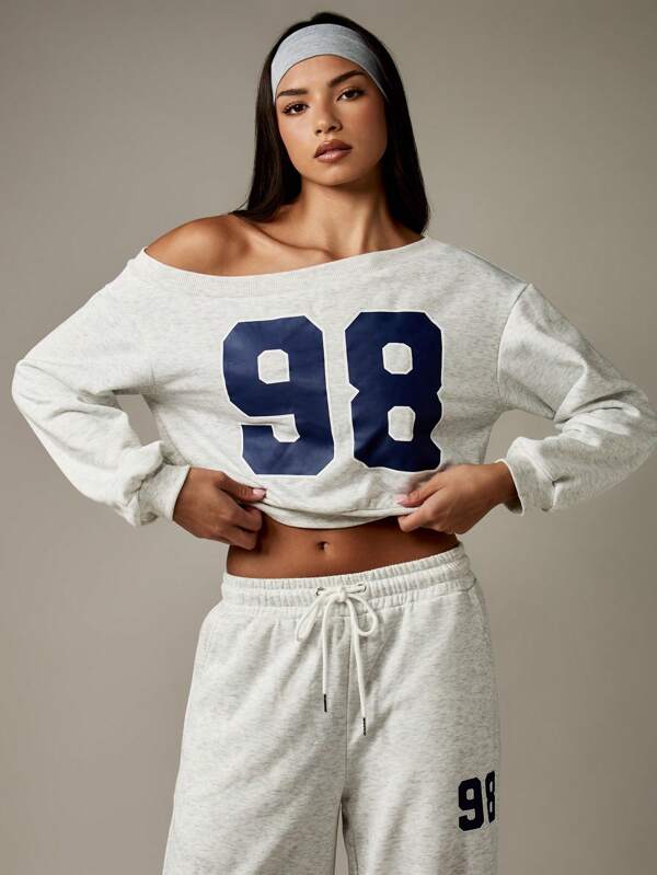 MISSGUIDED Off Shoulder Cropped Varsity Sweatshirt With Numeric Print