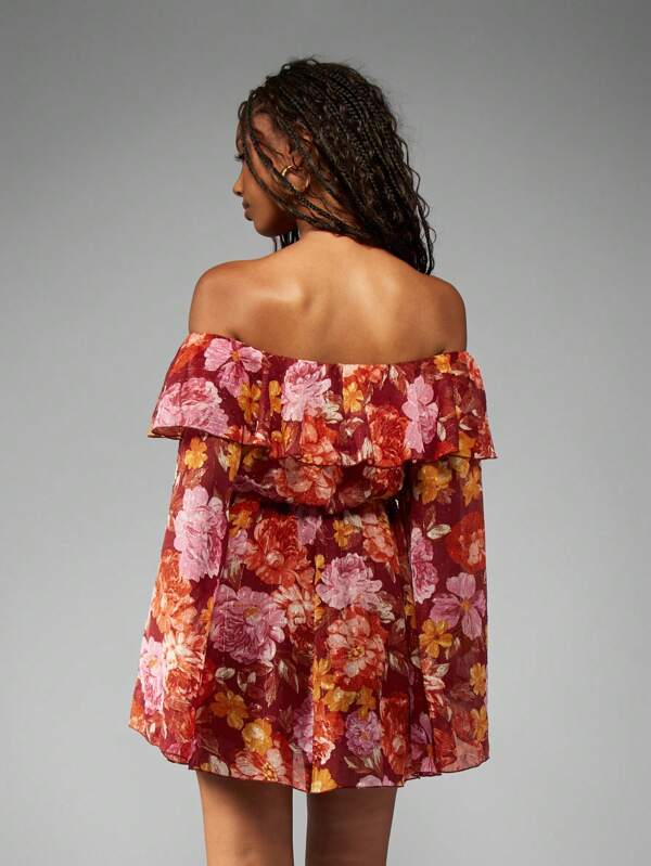 MISSGUIDED Off Shoulder Floral Bell Sleeve Ruffle Overlay Mini Dress