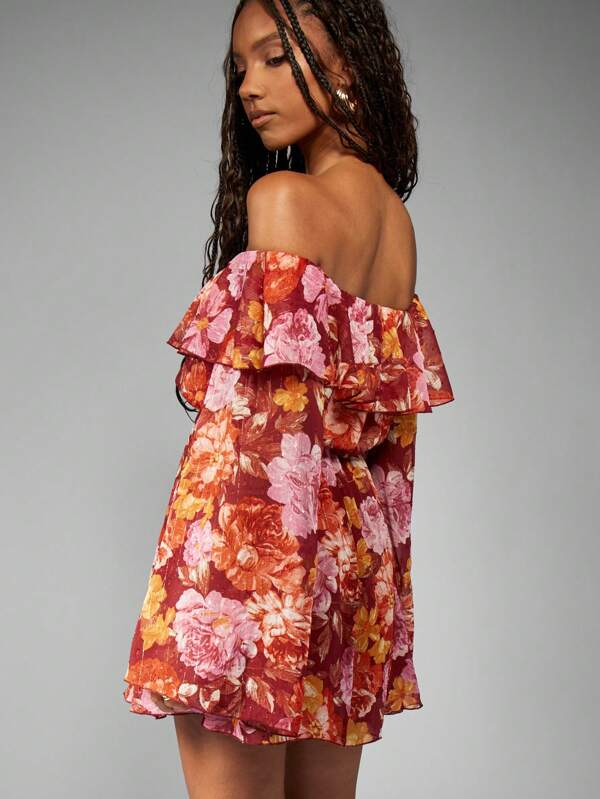 MISSGUIDED Off Shoulder Floral Bell Sleeve Ruffle Overlay Mini Dress
