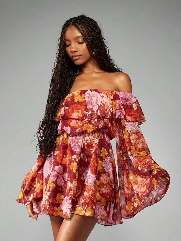 MISSGUIDED Off Shoulder Floral Bell Sleeve Ruffle Overlay Mini Dress