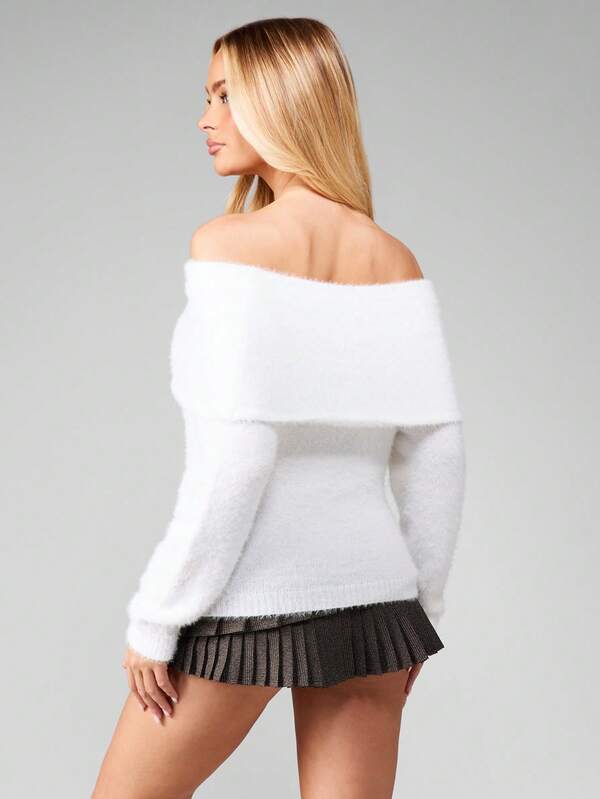 MISSGUIDED Off Shoulder Fuzzy Knit Sweater