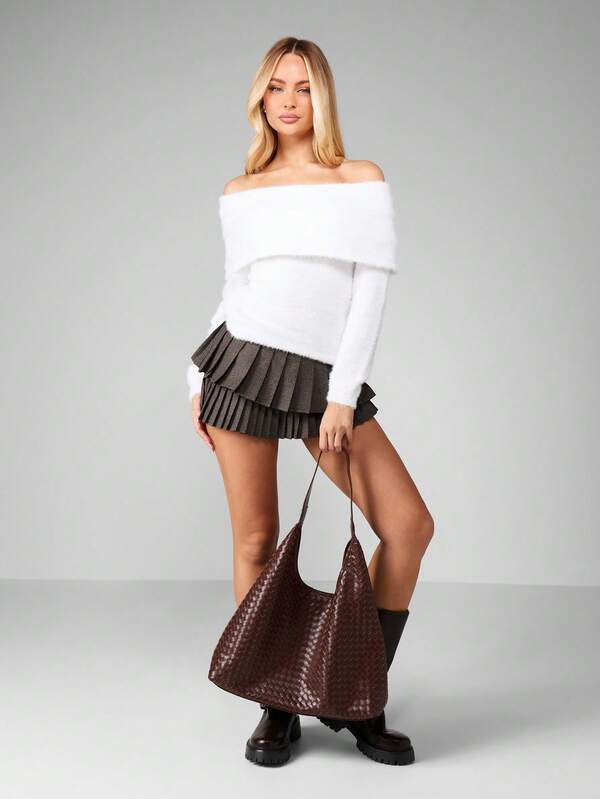 MISSGUIDED Off Shoulder Fuzzy Knit Sweater