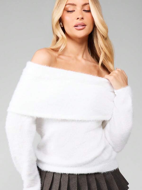 MISSGUIDED Off Shoulder Fuzzy Knit Sweater