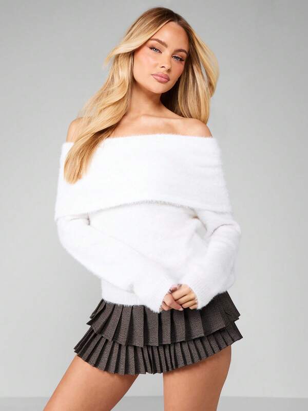 MISSGUIDED Off Shoulder Fuzzy Knit Sweater