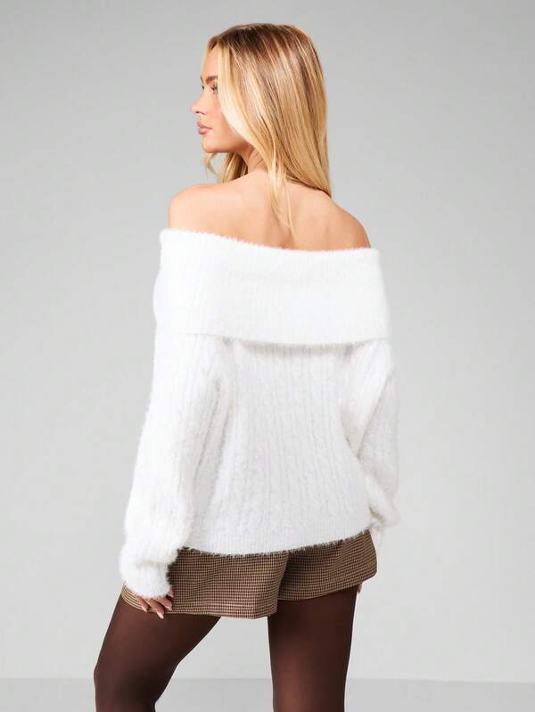 MISSGUIDED Off Shoulder Fuzzy Long Sleeve Sweater